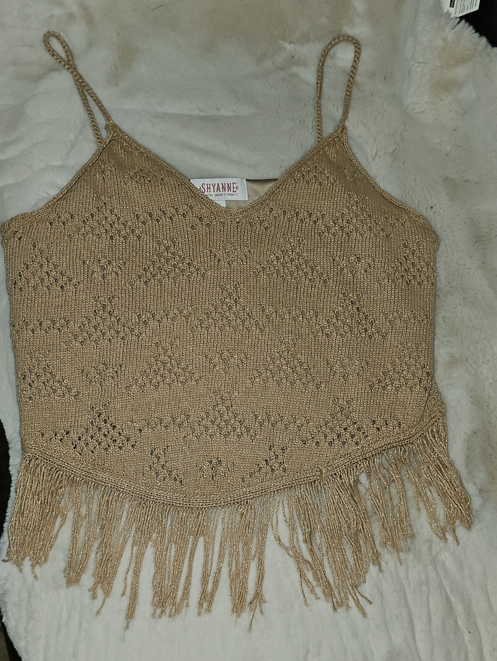 Shyanne Metallic Taupe Knit Fringe Camisole
